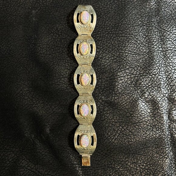 VTG Hecho En Mexico Sterling 925 Glass Opal Cabochon Panel Link Bracelet Sz 7” - Picture 3 of 8
